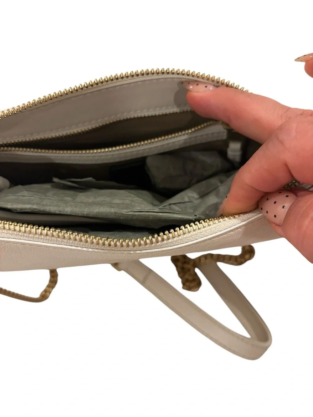 All Saint Leather Crossbody Bag in Cream with Gold Chain Strap